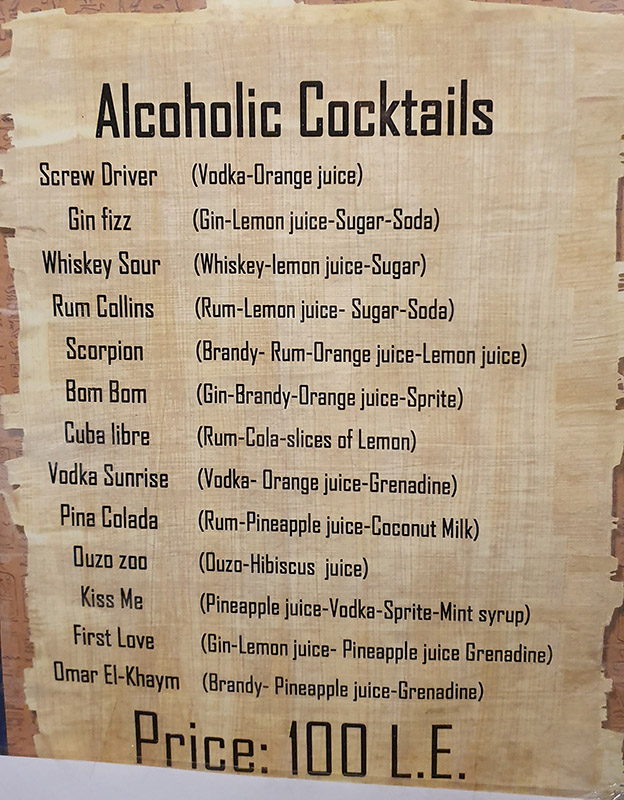 Cardápio de cocktails do cruzeiro